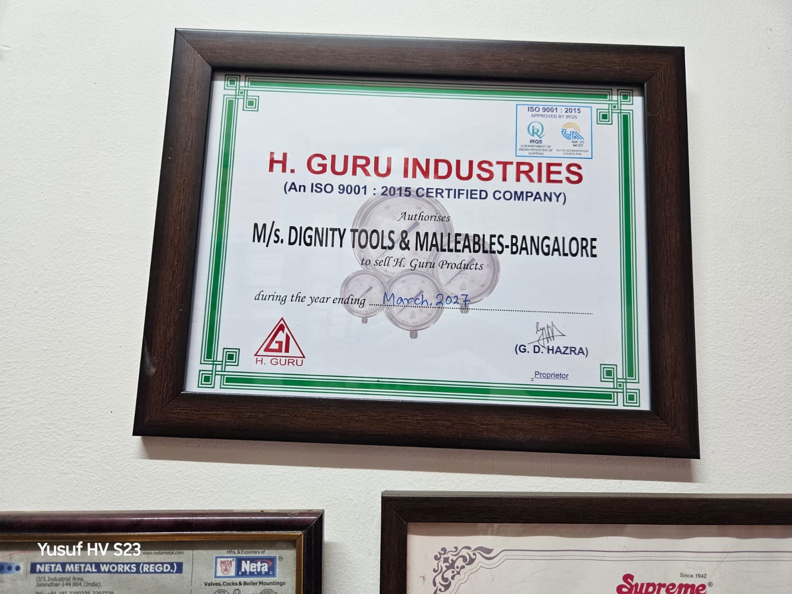 H. Guru Industries authorized dealer certificate